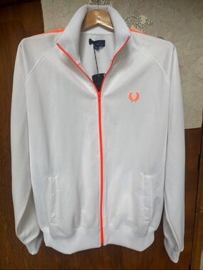 Fred Perry White Fluoro Tape Track Jacket with Neon Orange Trim XL
